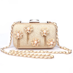 Elegant Evening Clutch Bag Glitter Hard Shell With 3D Metal Flowers Artificial Pearls Rhinestone Tassels For Women Formal Party