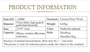 Detailed size and material specification sheet for the A5009 velvet evening clutch bag