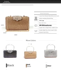 Confronto dettagliato di pochette a corona con strass oro, nero e argento con dimensioni