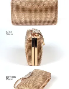 Viste dettagliate del lato e del fondo della pochette da sera con strass color champagne
