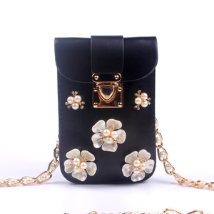 Elegante Damen Mini Umhängetasche Handy Tasche PU Leder Floral Dekor Mit Künstliche Perlen Metallkette Für Party