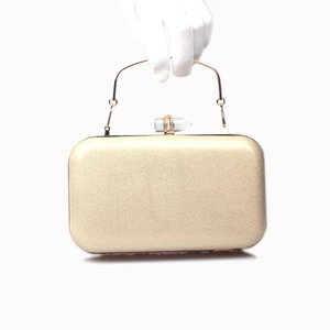 Champagne gold beaded evening bag with crystal buckle and elegant metal handle