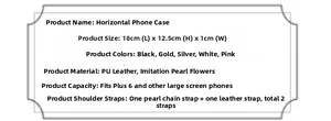Specifiche dettagliate della borsa porta cellulare con fiori di perle e dimensioni cinturino