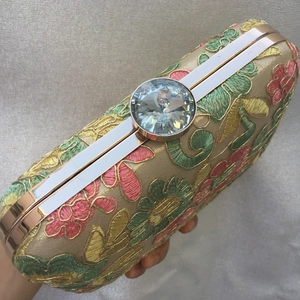 Floral embroidery evening clutch bag with crystal clasp and satin finish for women
