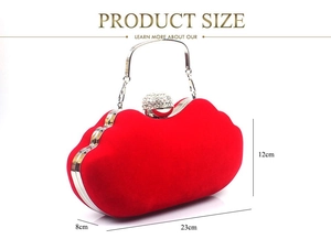 Detailed dimensions of the red velvet lip-shaped evening clutch with crystal top handle