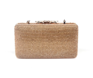 Clutch da sera dorata rettangolare con strass scintillanti e chiusura a fiore