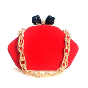 Women's Velvet Evening Bag Hexagonal Clutch Purse With Rhinestone Bow Buckle And Chain Strap For Wedding Party Banquet