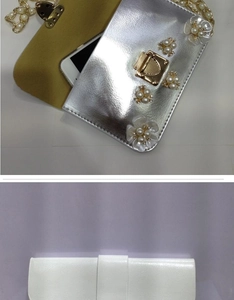 Dettaglio borsa con fiori di perle argento e custodia per cellulare in pelle bianca