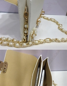 Dettagli della borsa a tracolla bianca in PU con catena di perle e interno a due scomparti