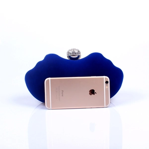 Lip-shaped blue velvet evening clutch featuring a luxury crystal ball clasp and silver hardware