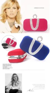 U-shaped rhinestone velvet clutch bag with ring clasp shown in four vibrant colors