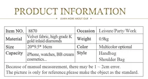 Size chart for velvet butterfly evening bag with gold diamonds and dimensions