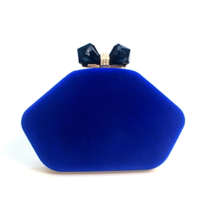 Royal blue velvet hexagon evening clutch bag with sparkling crystal bow clasp