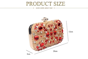 Detailed size view of red crystal evening clutch bag measuring 20cm by 12cm by 5cm
