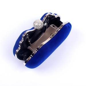 Interior view of royal blue velvet evening bag showing space for a smartphone
