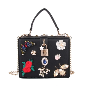 Butterfly Rose Embroidery Box Handbag With Artificial Pearl Flower Rhinestone Bee Elegant Vintage Women Party Evening Crossbody Bag