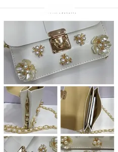 Dettagli della borsa a tracolla bianca in PU con decorazioni di perle e catena dorata