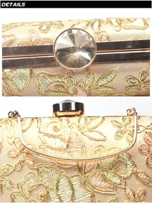 Detailed shot of champagne lace evening bag with floral embroidery and jewel clasp