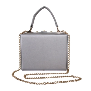 Square silver clutch bag with top handle and gold chain shoulder strap shown on white