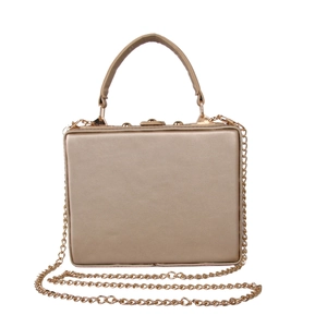 Detail of champagne gold evening bag with metallic satin finish and metal top handle