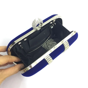 Royal blue velvet evening clutch bag with diamond U-ring handle and silver chain strap