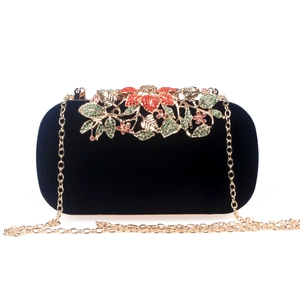 Velvet evening clutch bag with crystal flower ornament and gold chain strap