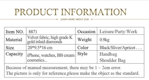 Detailed size and material specification chart for the embroidered floral evening bag