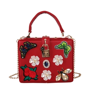 Butterfly Embroidery Evening Bag Women Box Handbag With Artificial Pearl Flower Bee Decor Rhinestone PU Leather Shoulder Crossbody