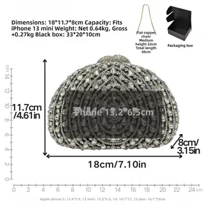 Silver rhinestone fan clutch bag detail showing dimensions, chain, and gift box packaging