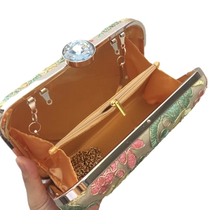 Elegant floral embroidery evening clutch bag with gemstone clasp and gold chain strap