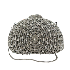 Luxury Evening Clutch Bag Alloy Rhinestone Hollow Out Fan Shaped Elegant Party Wedding Handbag Silver
