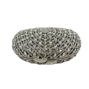 Silver hollow out crystal clutch bag with radiant heart pattern and diamond rhinestones