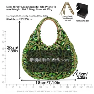 Detailed size specifications of the green crystal moon clutch with 120cm chain and box