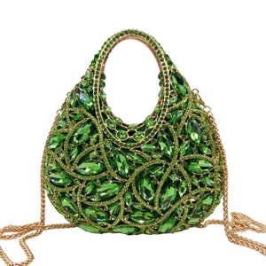 Luxury Emerald Green Rhinestone Evening Clutch Bag Gold Metal Hollow Out Crystal Handbag For Party Banquet Wedding