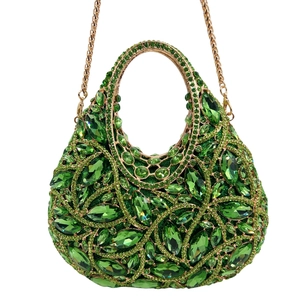 Luxury emerald green crystal clutch bag with gold handle and geometric leaf pattern