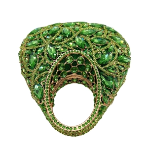 Luxury green crystal rhinestone clutch bag with gold metal handle for evening parties