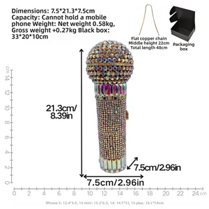 Detailed dimension guide for microphone-shaped rhinestone clutch bag showing size and capacity