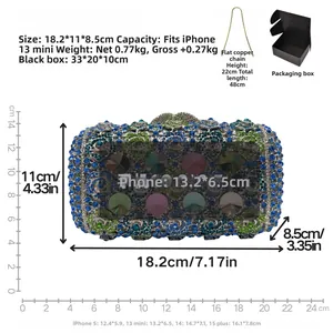 Size chart showing dimensions and capacity of a crystal rhinestones evening clutch bag