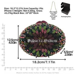 Detailed dimension layout of floral crystal evening bag with size and chain specs