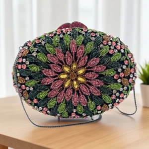 Floral Rhinestone Evening Bag Oval Crystal Clutch Handbag With Metal Chain For Women Party Banquet Luxury