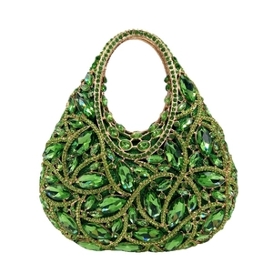 Luxurious olive green crystal studded half-moon clutch bag with vine patterns