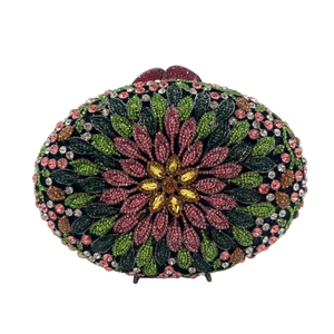 Handcrafted luxury crystal evening clutch featuring a colorful bohemian floral rhinestone design