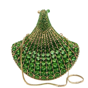 Peacock clutch bag with emerald rhinestones and golden metal detachable chain strap