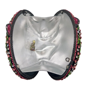 Luxurious round evening clutch bag with colorful crystals and polished silver lining