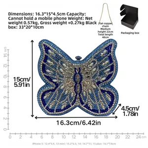 Detail showing the butterfly clutch bag with blue rhinestones and a detachable chain strap
