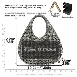 Detailed view of silver crystal clutch bag with 120cm gold chain and size dimensions