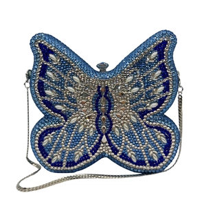 Luxury butterfly clutch bag with blue crystals and silver snake chain for evening parties