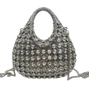Luxury Rhinestone Evening Clutch Bag Women Sparkly Crystal Hollow Out Party Handbag Silver Metallic With Chain