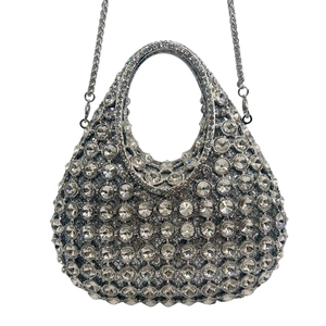 Luxury silver crescent clutch bag with crystals and metal chain strap for party