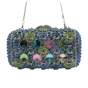 Elegant hard shell evening clutch bag with blue and green rhinestones and large crystals